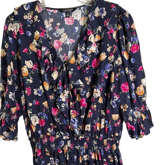 Lauren Ralph Lauren Navy Floral Women's Size Large V-Neck Ruffle Top - Picture 2 of 11